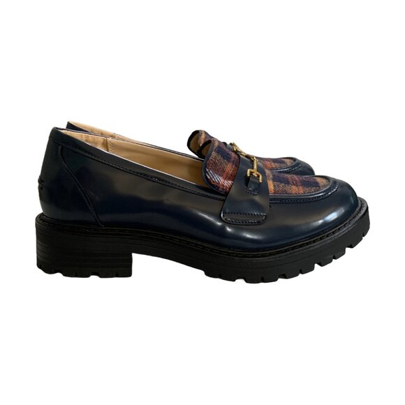 NWT SAM EDELMAN Kids Baltic Navy & Rust Tully Lug Sole Plaid Loafers Sz 4 - Picture 5 of 6